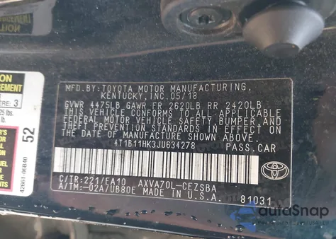 2018 Toyota Camry Se from USA, damaged, VIN 4T1B11HK3JU634278